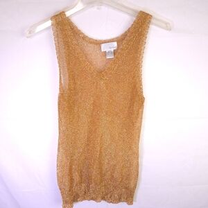 Y2K Spiegel Gold Sheer Knit Sleeveless Top V Neck Glam Top Size L Festival Party